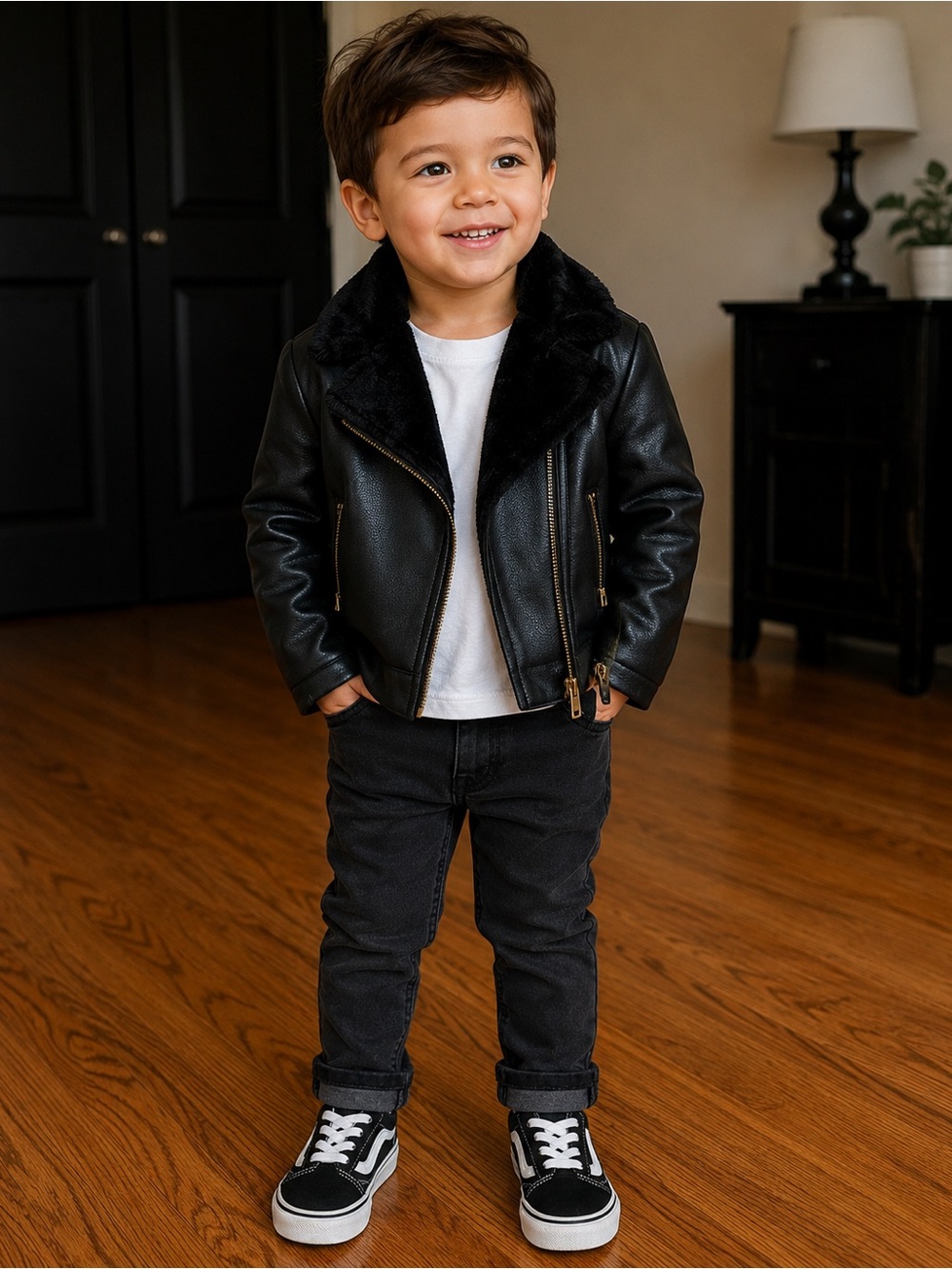 OshKosh Genuine Kids Boys Black Faux Leather Moto Jacket Size 3T